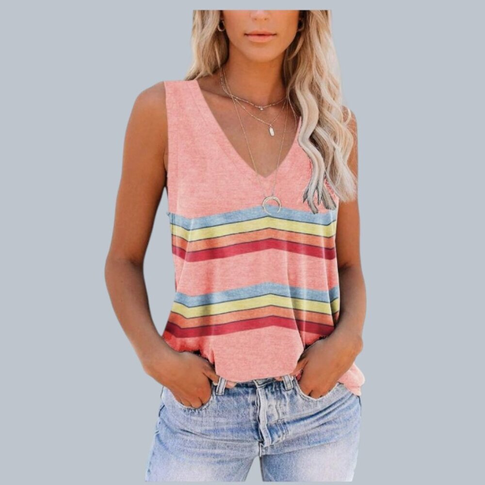 Saukole Women's V-neck Sleeveless Pink Top Tee Rainbow Stripes Pink Size XXL NWT
